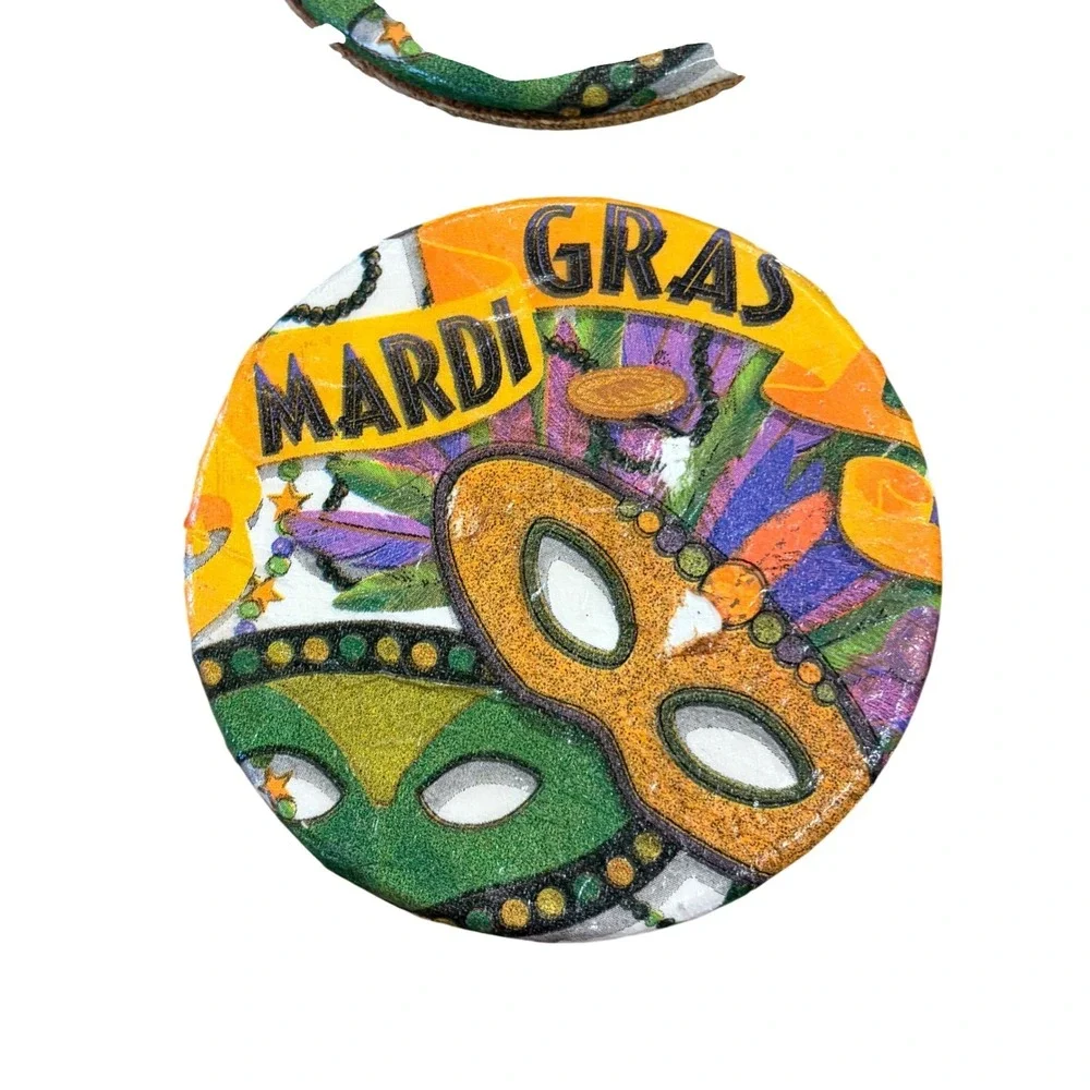Handmade‎ Mardi Gras Coaster Set 4 Mask Carnival Decor Cork Back Signed Spangler